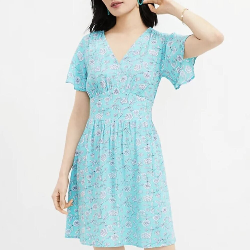 LOFT Turquoise Floral Dress Women's Size 6P Office Core Smocked Back Midi Dress
